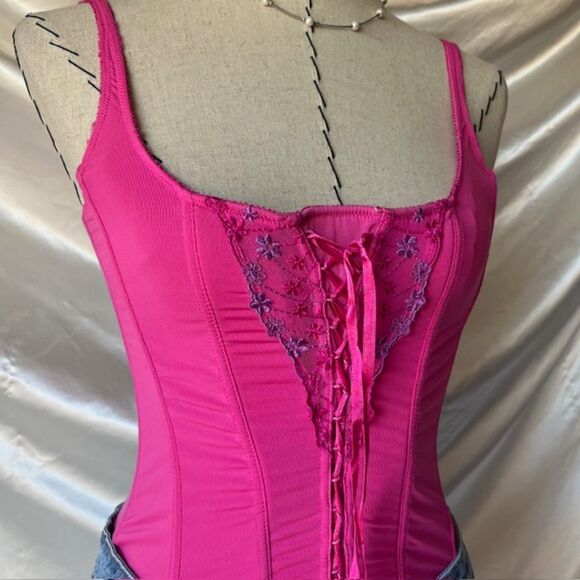 Rene Rofe Corset Bustier Top Hot Pink Faux Lace Up Purple Lace Trim - Picture 5 of 6